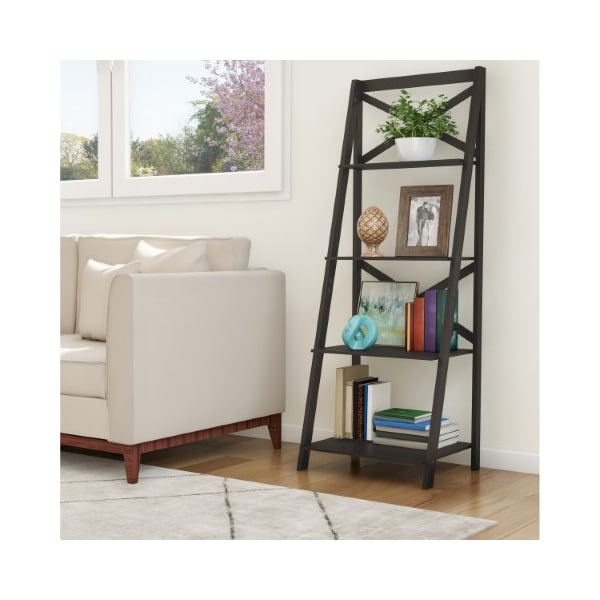 Hastings Home 4 Shelf Ladder Free Standing Wooden Tiered Bookcase and Decorative Shelves (Black) 602581OSY - main
